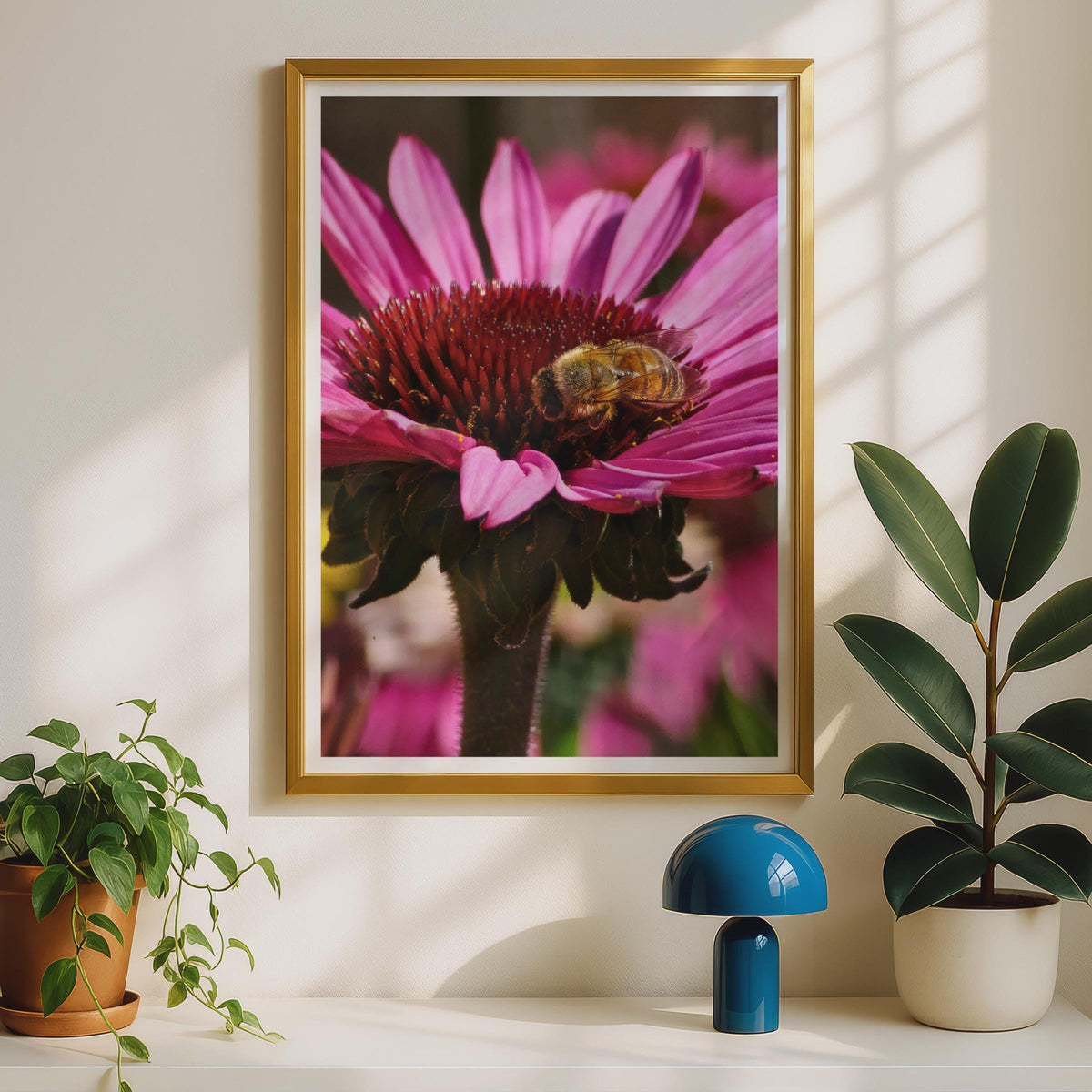 Honeybee on Echinacea Flower Poster, Bee Photography Print, Pink Coneflower Wall Art, Macro Nature Photo, Garden Wildlife Decor