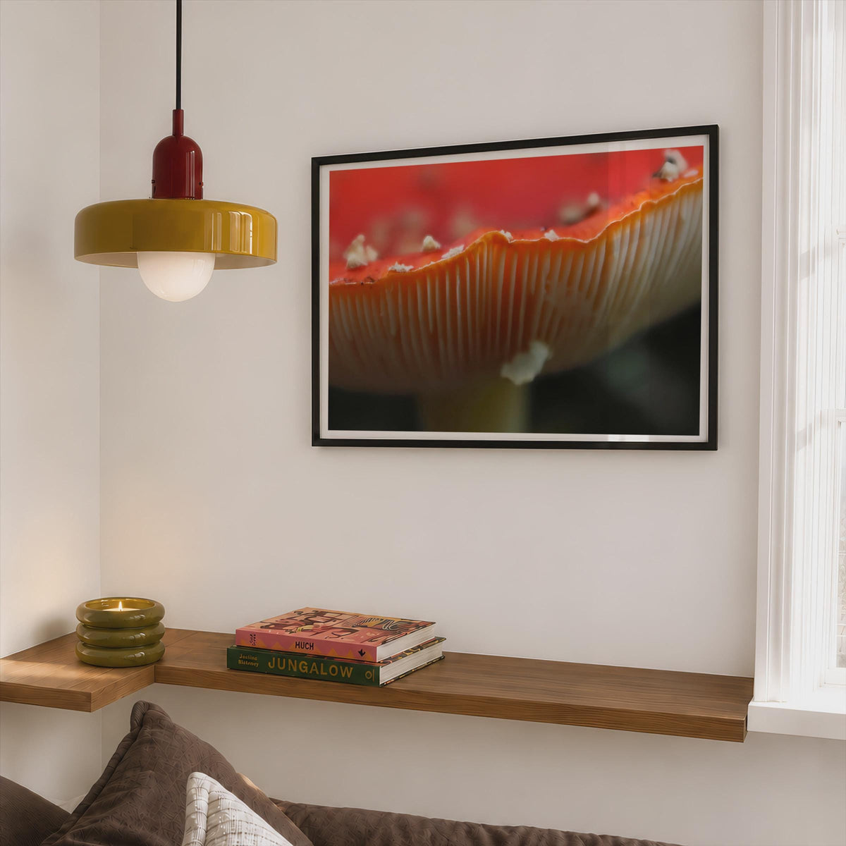 Fly Agaric Macro Fungi Poster mockup - Corner Bedroom Mockup - Landscape