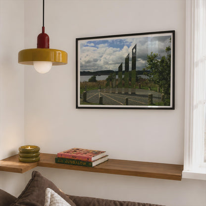 Mirror Sculpture Reservoir Poster, Outdoor Art Installation Framed-Print, Contemporary Landscape Wall Art, British Countryside Print