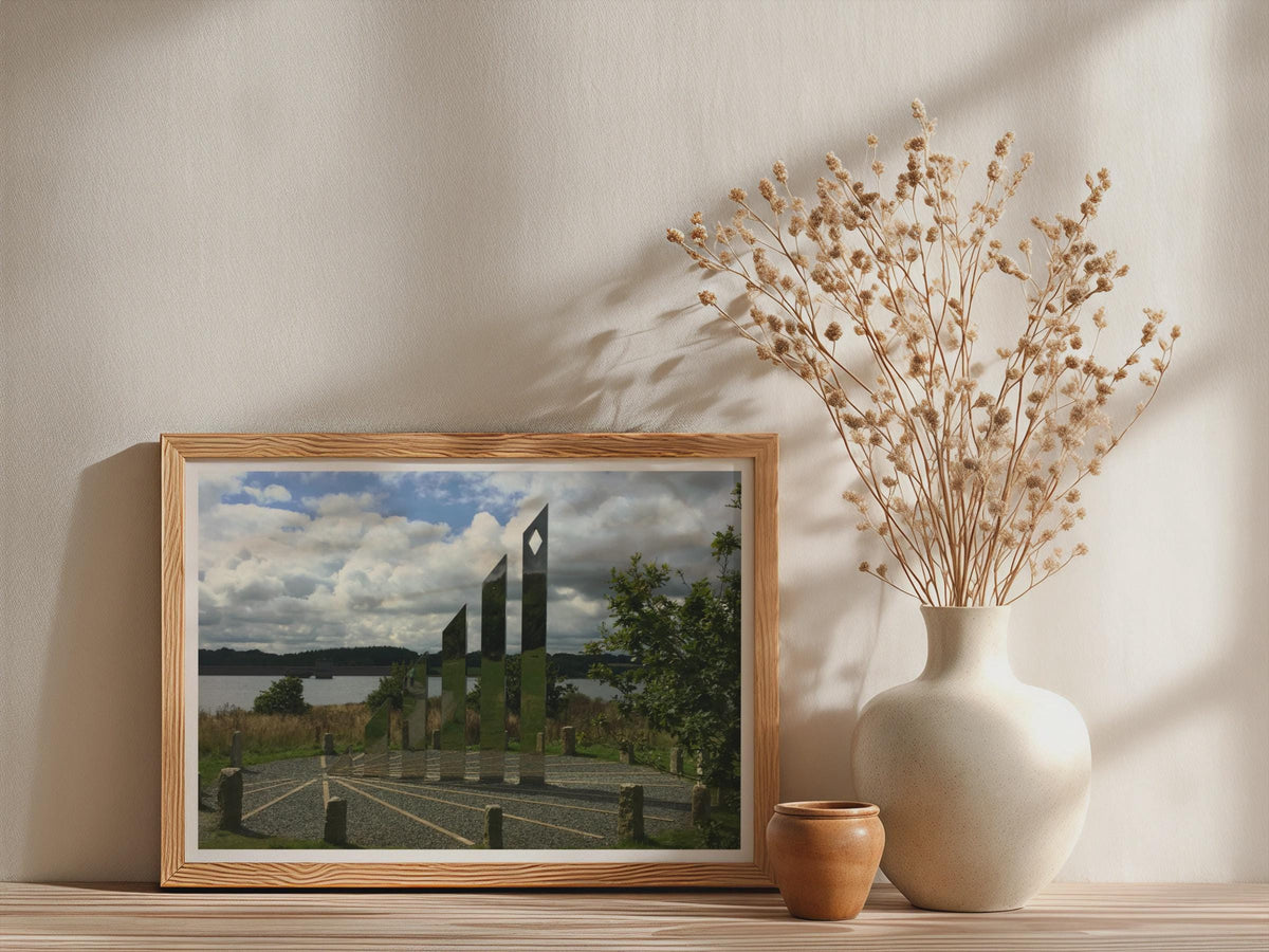 Mirror Sculpture Reservoir Poster, Outdoor Art Installation Framed-Print, Contemporary Landscape Wall Art, British Countryside Print
