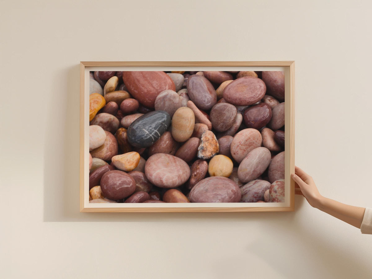 Budleigh Salterton Pebbles poster, Devon Beach Stones framed-print, Coastal Wall Art, Earthy Tones Photography Print