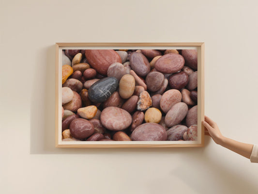 Budleigh Salterton Pebbles poster, Devon Beach Stones framed-print, Coastal Wall Art, Earthy Tones Photography Print