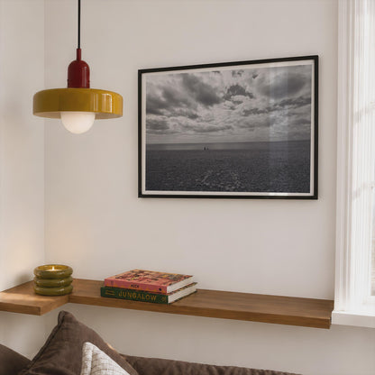Budleigh Salterton Beach Poster, Devon Coastal Wall Art, Pebble Beach Framed-Print, Black and White Seascape, Dramatic Cloudscape Sea Print