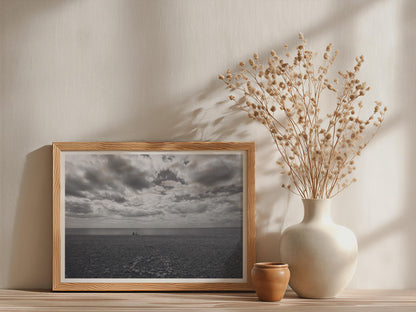 Budleigh Salterton Beach Poster, Devon Coastal Wall Art, Pebble Beach Framed-Print, Black and White Seascape, Dramatic Cloudscape Sea Print