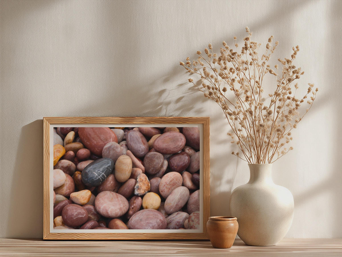 Budleigh Salterton Pebbles poster, Devon Beach Stones framed-print, Coastal Wall Art, Earthy Tones Photography Print