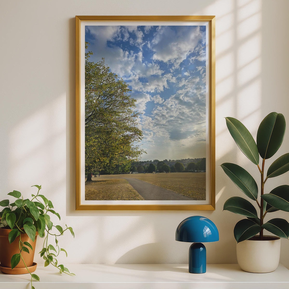 English Park Landscape Photography Poster, Autumn Tree Blue Sky Wall Art, British Countryside Nature Print, Living Room Decor