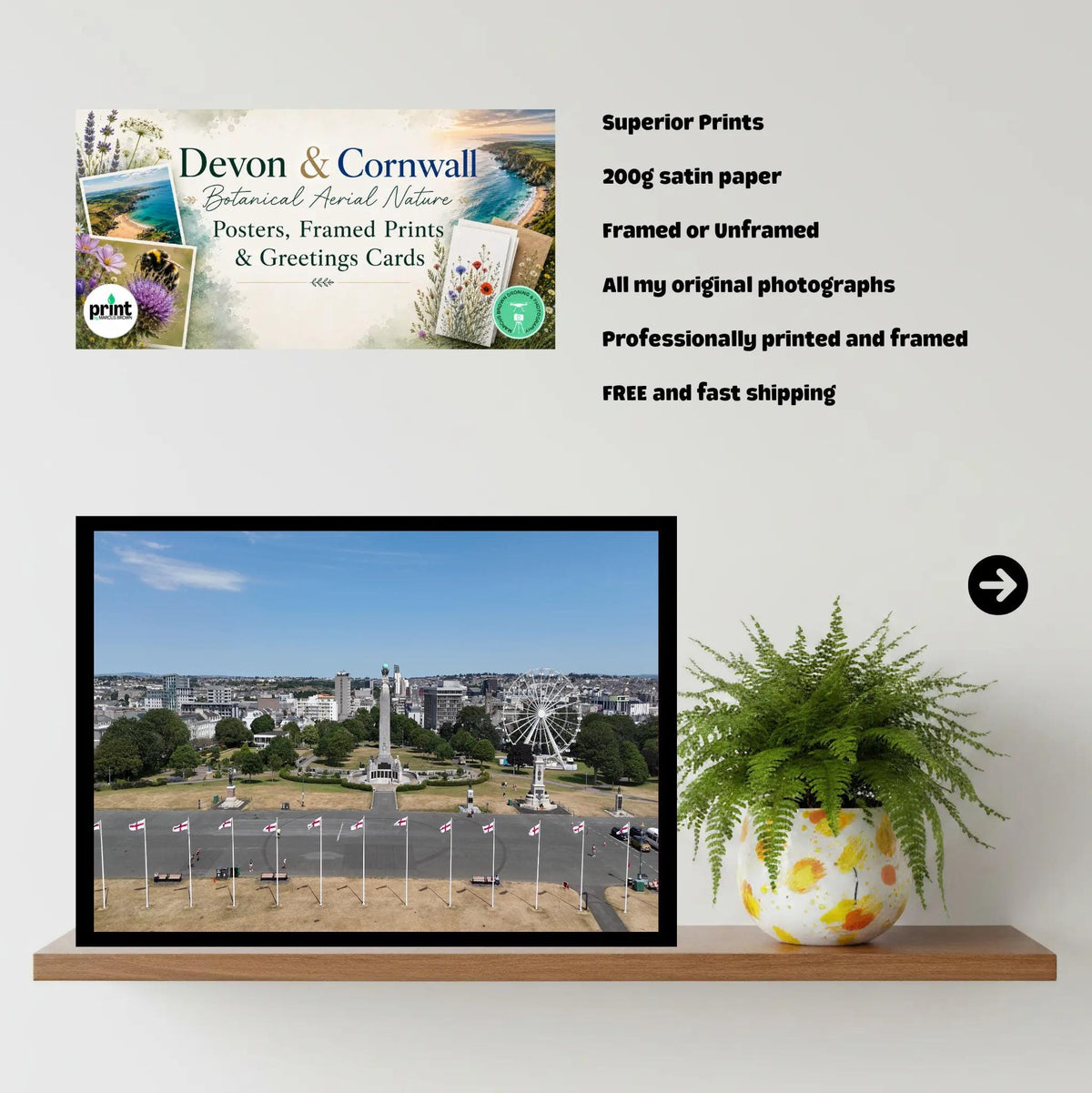 Plymouth Hoe View Print | Coastal Landscape of Plymouth Sound with Drake's Island | Maritime Heritage Wall Art in Various Sizes and Frames