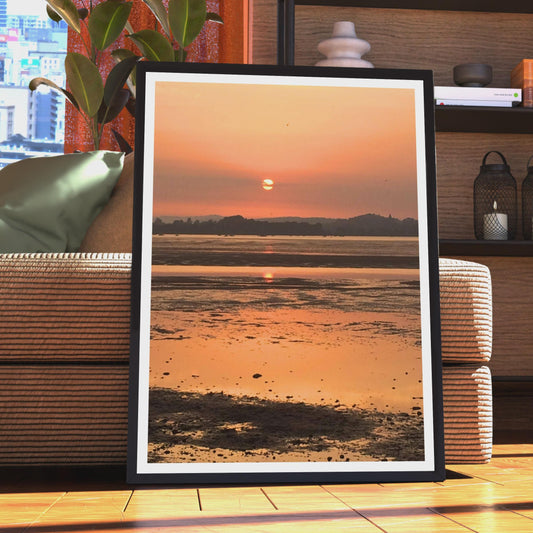 Sunset Over Tidal Estuary Poster, Orange Sky Coastal Wall Art, Low Tide Reflection Print, Seascape Photography, Warm Tones Living Room Decor