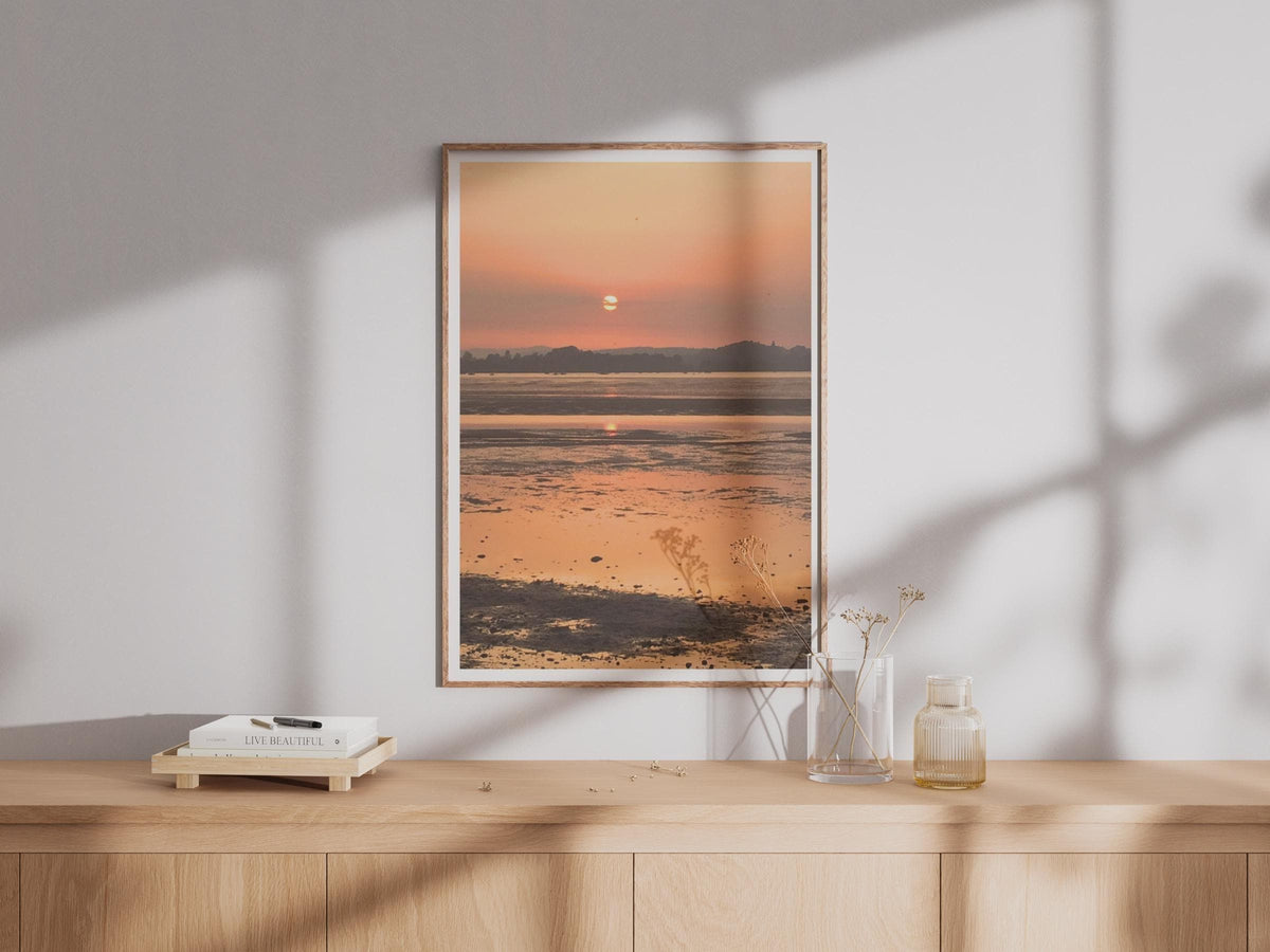 Sunset Over Tidal Estuary Poster, Orange Sky Coastal Wall Art, Low Tide Reflection Print, Seascape Photography, Warm Tones Living Room Decor