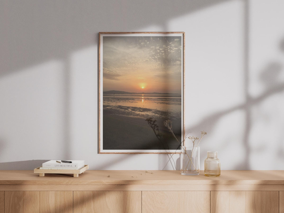 Coastal Sunset Photography Print, Estuary Low Tide Poster, Orange Sky Wall Art, Seascape Landscape Photo Print, Golden Hour Beach Decor