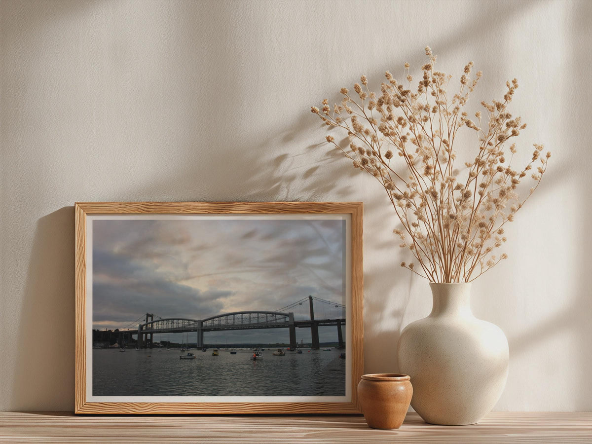 Royal Albert Bridge Saltash Cornwall Poster, Tamar River Dusk Framed-Print, Devon Cornwall Wall Art, Moody Sky Boats Photography Print