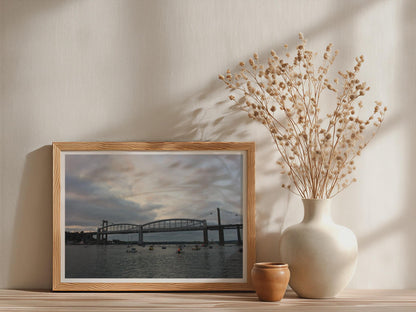 Royal Albert Bridge Saltash Cornwall Poster, Tamar River Dusk Framed-Print, Devon Cornwall Wall Art, Moody Sky Boats Photography Print