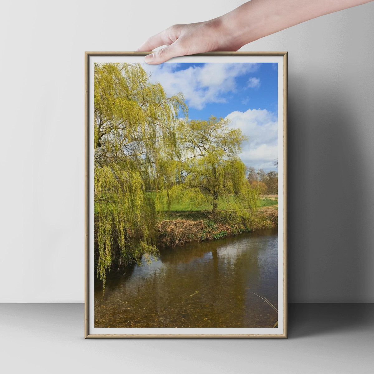 Weeping Willow Tree River Poster, Spring Nature Photography Print, Green Countryside Wall Art, Tranquil Waterside Landscape Photo Print