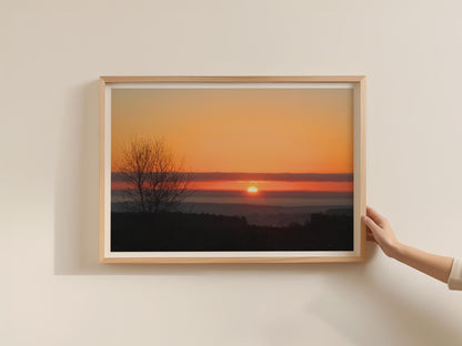 Dawn Landscape Sunrise Poster, Orange Sky Silhouette Tree Framed-Print, Countryside Sunset Wall Art, Misty Horizon Nature Photography Print