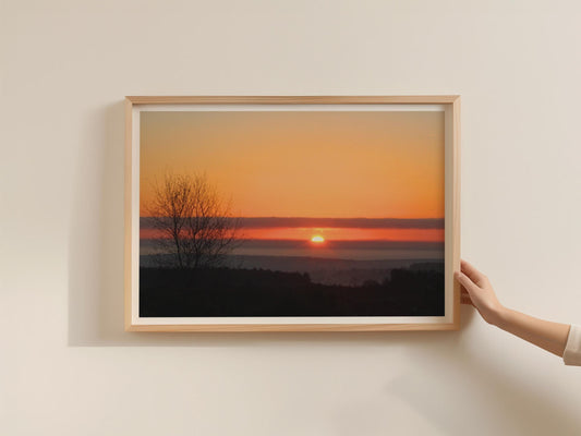 Dawn Landscape Sunrise Poster, Orange Sky Silhouette Tree Framed-Print, Countryside Sunset Wall Art, Misty Horizon Nature Photography Print