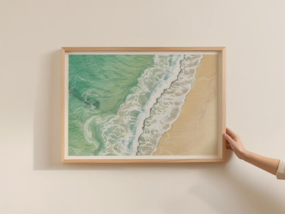 Cornwall Coastal Wave Poster, Aerial Beach Framed-Print, Teal Ocean Sandy Shore Wall Art, Seaside Drawing Print, British Coastal Decor