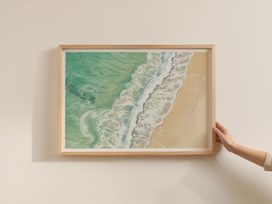 Cornwall Coastal Wave Poster, Aerial Beach Framed-Print, Teal Ocean Sandy Shore Wall Art, Seaside Drawing Print, British Coastal Decor