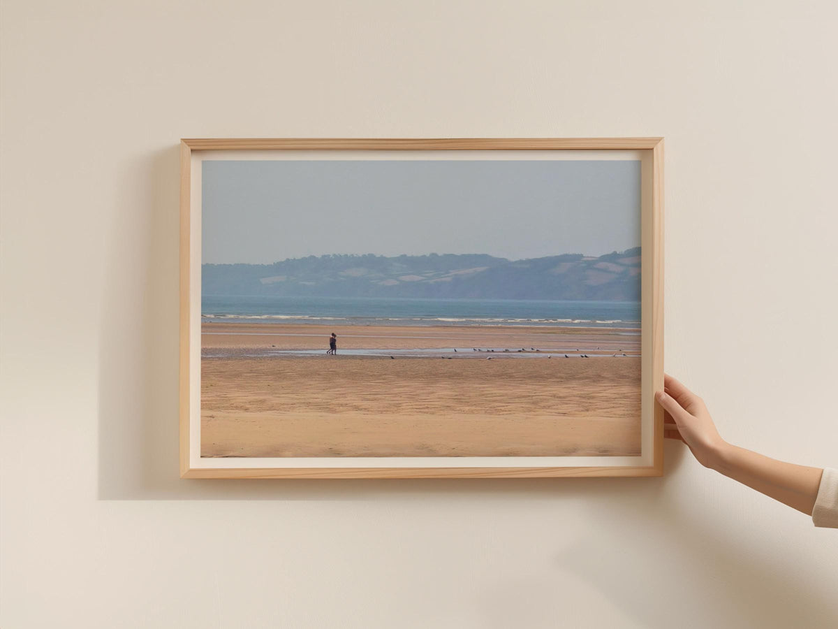 Sandy Beach Walk Poster, Coastal Seascape Framed-Print, Seaside Couple Wall Art, Blue Hazy Estuary, Seagulls, British Coast Print