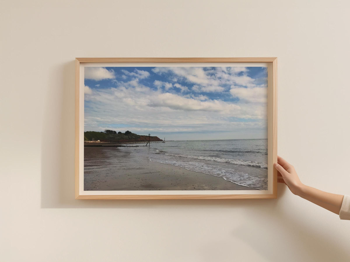 Devon Beach Coastal Poster, Seaside Framed-Print, Red Cliffs Sandy Shore Wall Art, British Seaside Photography Print, Calm Ocean Skies