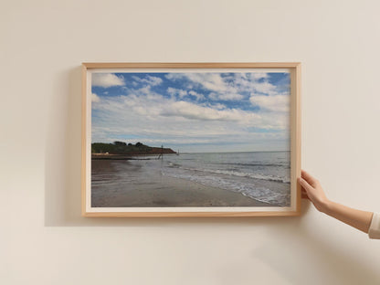 Devon Beach Coastal Poster, Seaside Framed-Print, Red Cliffs Sandy Shore Wall Art, British Seaside Photography Print, Calm Ocean Skies