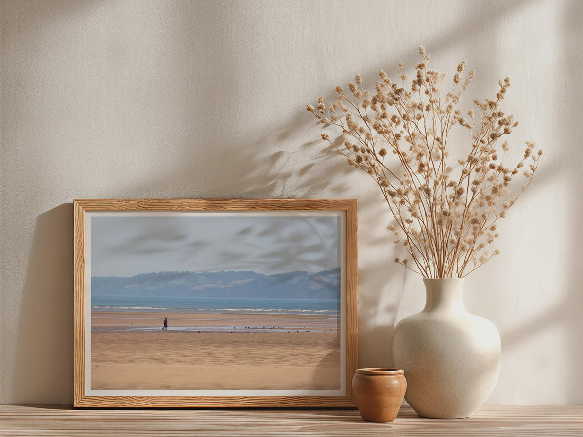 Sandy Beach Walk Poster, Coastal Seascape Framed-Print, Seaside Couple Wall Art, Blue Hazy Estuary, Seagulls, British Coast Print