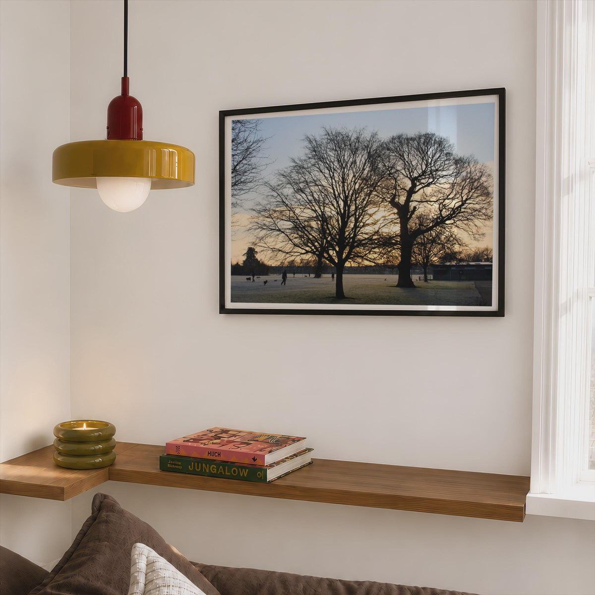 Winter Park Sunrise Tree Silhouette Poster mockup - Corner Bedroom Mockup - Landscape