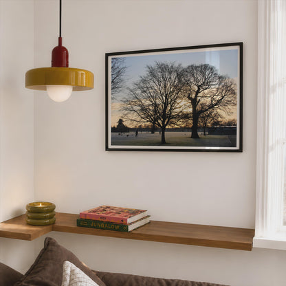 Winter Park Sunrise Tree Silhouette Poster mockup - Corner Bedroom Mockup - Landscape
