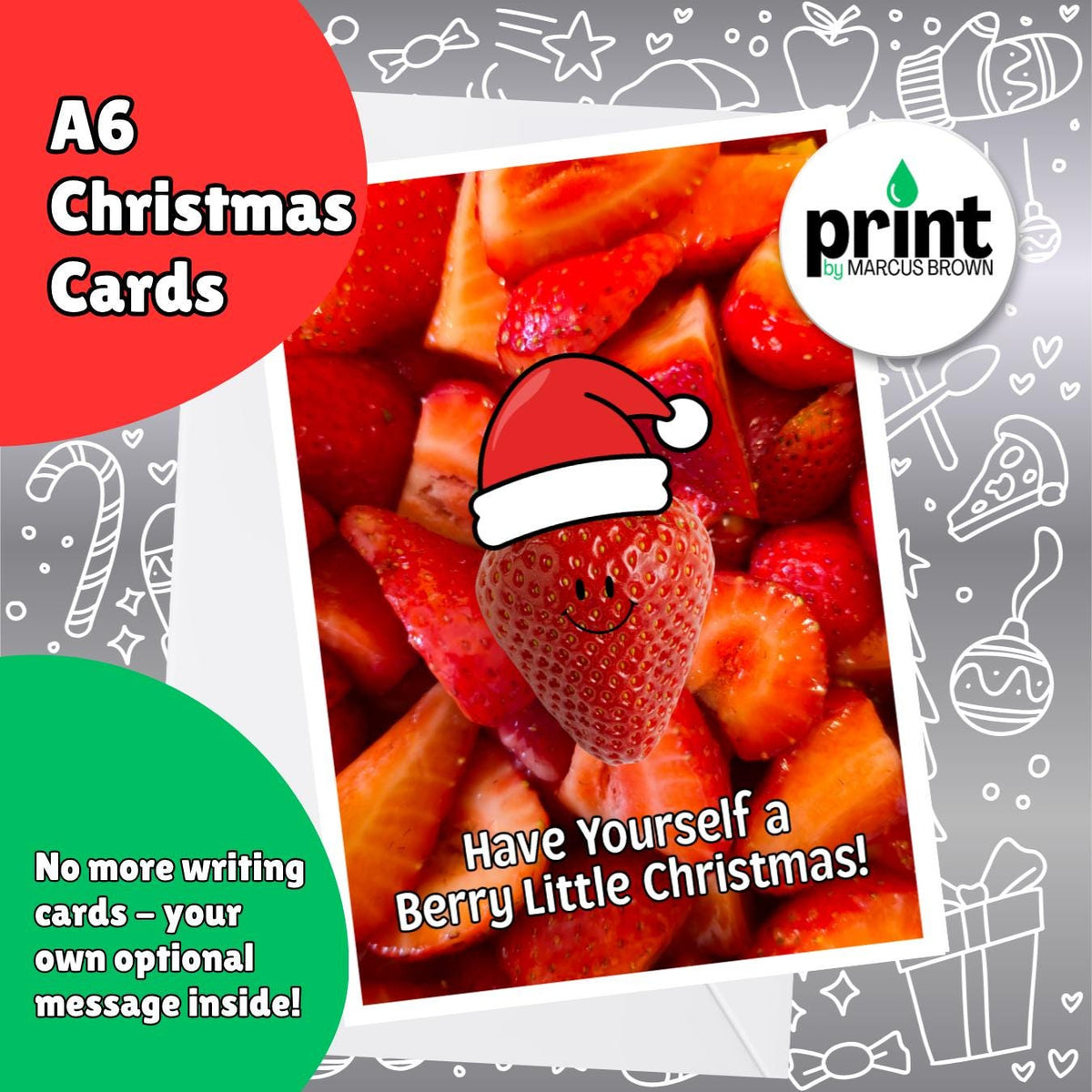 Funny Strawberry Christmas Cards Pack | Berry Little Christmas Card | Cute Fruit Xmas Cards | A6 Christmas Card Multipack