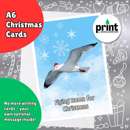 Funny Seagull Christmas Cards Pack | Flying Home for Christmas Card | Coastal Xmas Cards | Bird Christmas Card Multipack A6