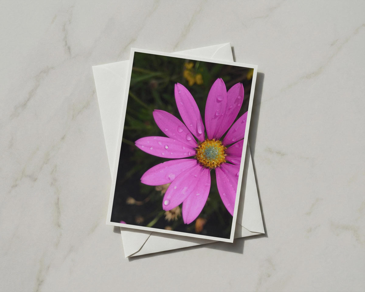 Pink Cosmos Flower Card, Rain Drops Floral A6 Card, Garden Flower Greeting Card