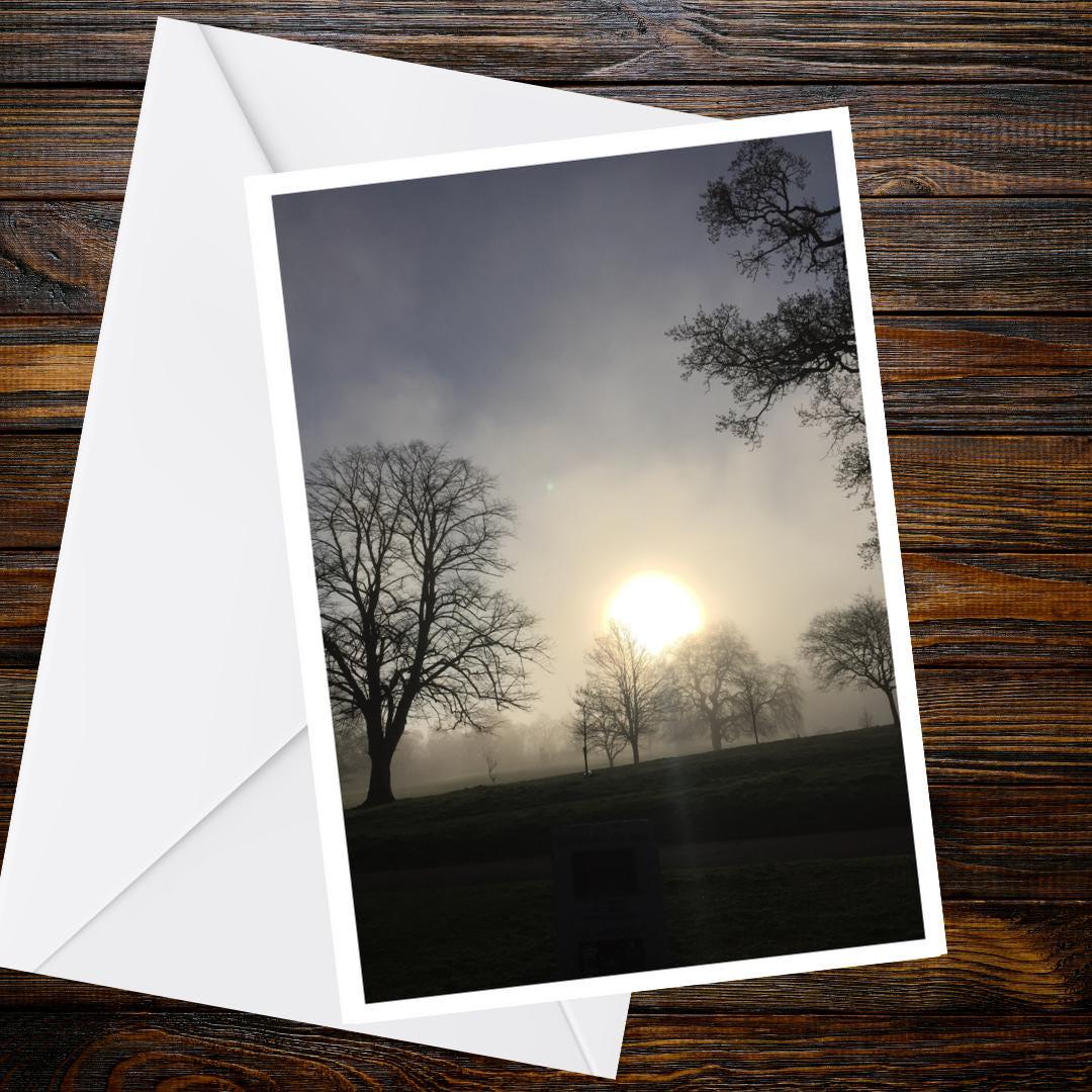 Misty Sunrise Greetings Card | Dawn Nature Card | Foggy Morning Trees | Devon Landscape Card | Blank Greeting Card