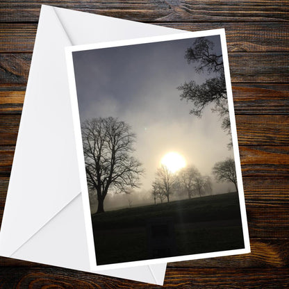 Misty Sunrise Greetings Card | Dawn Nature Card | Foggy Morning Trees | Devon Landscape Card | Blank Greeting Card