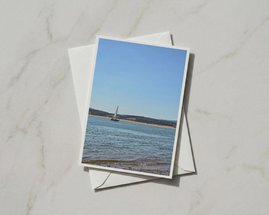 Sailing Boat Coastal Card, Seaside Estuary Scene, Blue Sky Nautical Card, British Coast