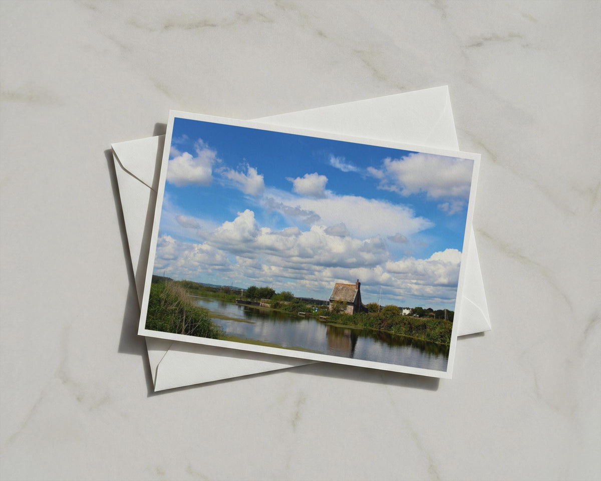 English Countryside Canal Card, Stone Cottage Waterway, Rural Blue Sky Greeting Card