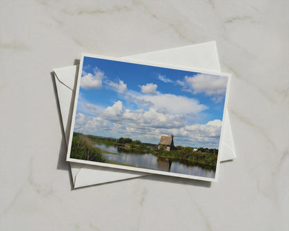 English Countryside Canal Card, Stone Cottage Waterway, Rural Blue Sky Greeting Card