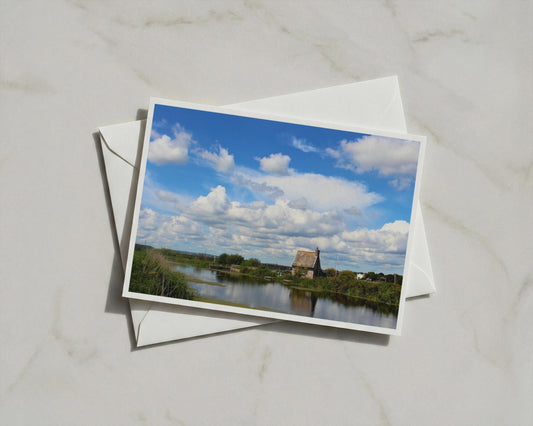 English Countryside Canal Card, Stone Cottage Waterway, Rural Blue Sky Greeting Card