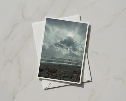Stormy Coastal Scene Card, Dramatic Sky Seascape, Pebble Beach Greeting Card, Moody Ocean