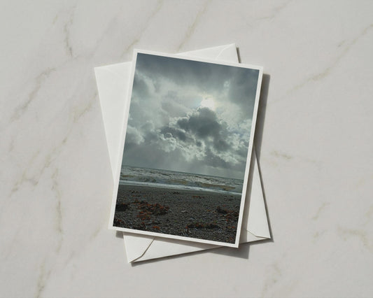 Stormy Coastal Scene Card, Dramatic Sky Seascape, Pebble Beach Greeting Card, Moody Ocean