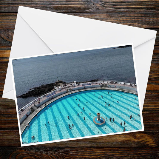 Grand Scale Tinside Lido Panorama A6 Landscape Greeting Card | Coastal Art, Outdoor Pool, Ocean View, Summer seaside, Fine Art Photography