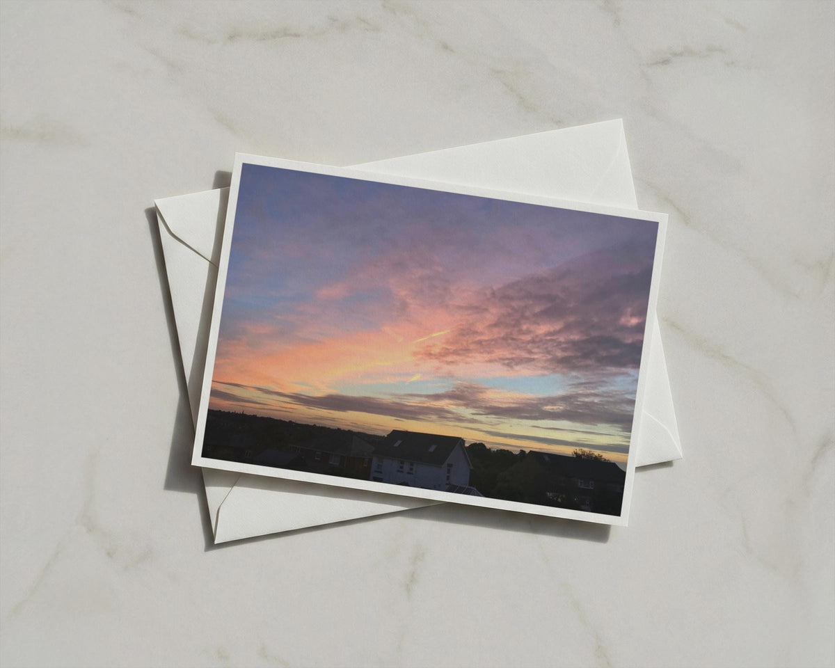 Sunset Sky Card, Pink Purple Dusk Over Rooftops, Dramatic Clouds, A6 Greeting Card