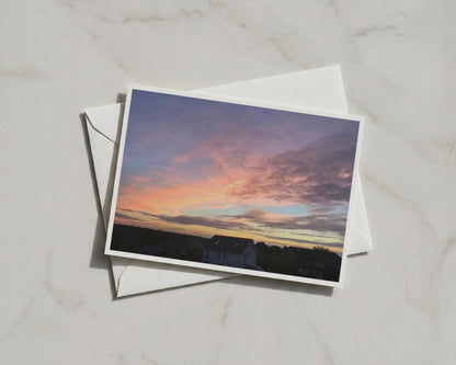 Sunset Sky Card, Pink Purple Dusk Over Rooftops, Dramatic Clouds, A6 Greeting Card