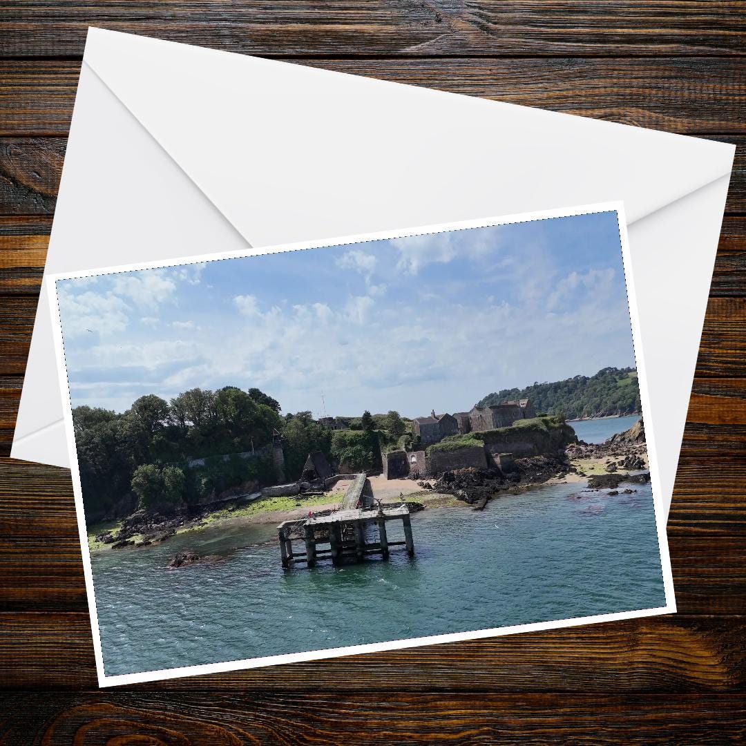The Old Jetty at Drake's Island A6 Landscape Greeting Card, Plymouth Sound, Coastal Scene, Weathered Wood, Seaside Photography, High-Quality