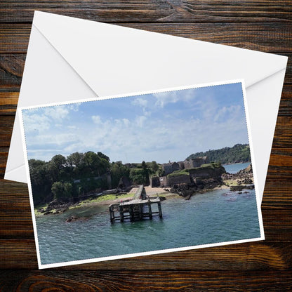 The Old Jetty at Drake's Island A6 Landscape Greeting Card, Plymouth Sound, Coastal Scene, Weathered Wood, Seaside Photography, High-Quality