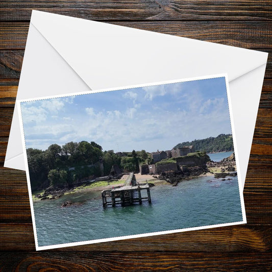 The Old Jetty at Drake's Island A6 Landscape Greeting Card, Plymouth Sound, Coastal Scene, Weathered Wood, Seaside Photography, High-Quality