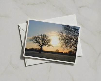 Winter Sunrise Landscape Card, Bare Tree Silhouette, Dawn Sky Greeting Card A6