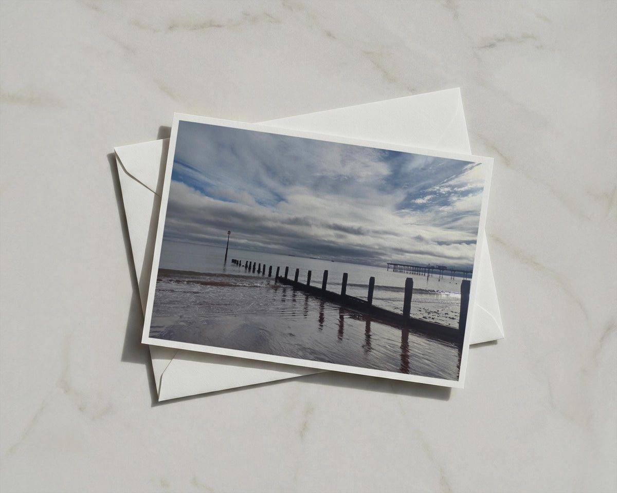 Seaside Groyne Beach Card, Coastal Pier Seascape, Moody Sky, British Seaside Card