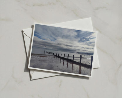 Seaside Groyne Beach Card, Coastal Pier Seascape, Moody Sky, British Seaside Card