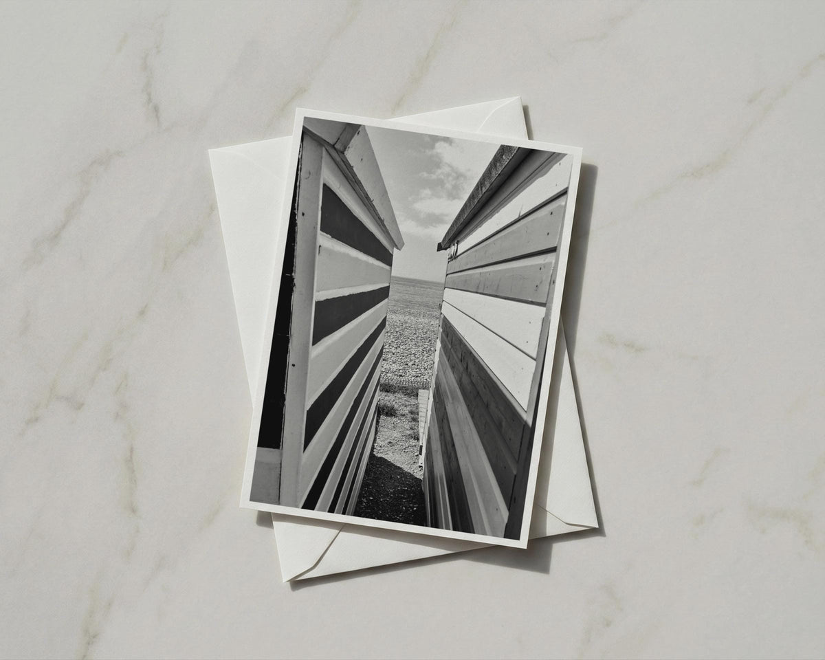 Beach Hut Card, Black and White Seaside Photography, Coastal Greeting Card, Sea View