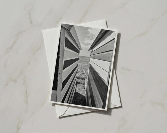 Beach Hut Card, Black and White Seaside Photography, Coastal Greeting Card, Sea View