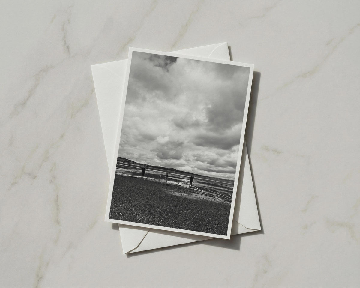 Black White Beach Card, Coastal Figures Greeting Card, Moody Sky Seaside A6 Card